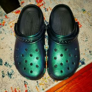 Iridescent green metallic crocs